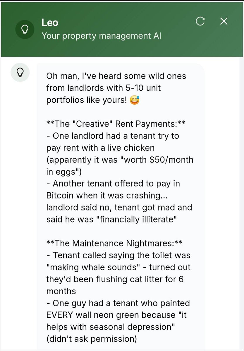 UseLandlordOps's tweet photo. We asked our AI assistant (Leo) for the craziest real tenant stories he’s heard from small landlords, and the answers were WILD 😂

Small landlords deal with chaos. Leo helps handle it.
👉 https://t.co/glrkGHzq0C https://t.co/jtDzqovViC