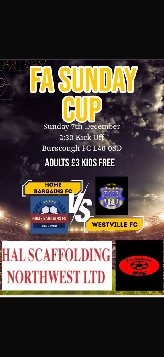 Sunday we welcome <a href="/westvillefc/">Westville FC</a> in the 3rd round of the <a href="/FASunday_Cup/">FA Sunday Cup</a> as we look to make it in to the last 16,
Get up to <a href="/BurscoughFC1946/">Burscough FC</a> once your game finishes and support the lads #utfb  <a href="/BusinessHouses2/">Merseyrail Business Houses League</a> <a href="/LBHPremier/">LBH Premier</a> <a href="/Liverpool_CFA/">Liverpool FA</a> <a href="/nwcfl/">The NWCFL ⚽️</a> <a href="/EnglandFootball/">England Football</a>