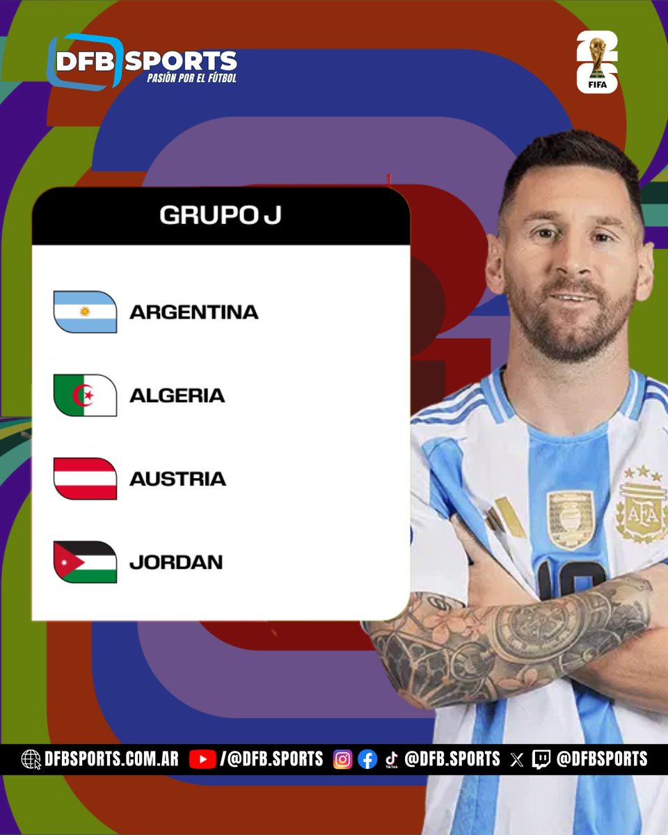 🇦🇷🔥 Argentina integrará el Grupo J del Mundial 2026 junto Argelia, Austria y Jordania.
Debutaría el 16/6 frente al conjunto africano y podría cruzarse con España o Uruguay en 16avos. ⚽🌎 #Mundial2026 #Somos26 #CopaMundialFIFA