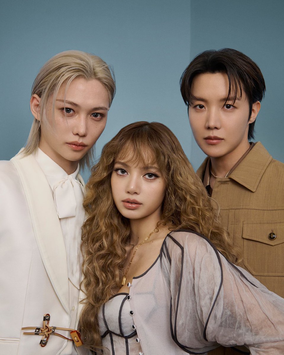 PopBase's tweet image. Lisa, J-Hope and Felix stun for Louis Vuitton.
