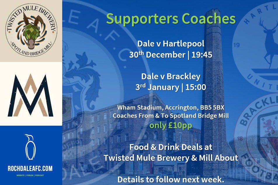 RochdaleAFCcom's tweet image. Our good friends Mill About &amp;amp; The Twisted Mule, both down at Spotland Bridge Mill, are looking to run coaches for both of our home games at Accrington.

More details to follow early next week, but they're expected to fill up quickly. 🚍🏡

#RAFC