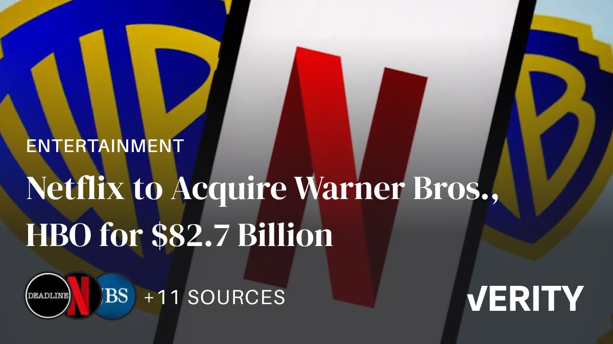 improvethenews's tweet photo. Netflilx has acquired Warner Bros. Discovery's film and television studios HBO and HBO Max for a total enterprise value of approximately $82.7 billion and an equity value of $72 billion. https://t.co/PSmMyMeoah