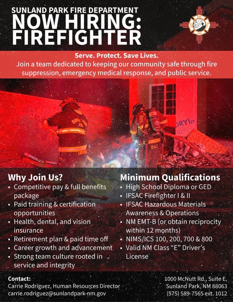 <a href="/SunlandParkFire/">Sunland Park Fire</a> is currently accepting applications for the position of Firefighter!
