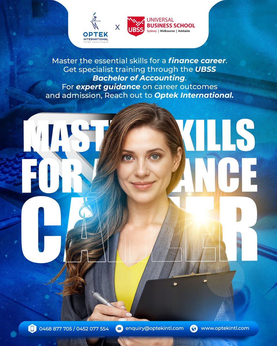 optekintl's tweet image. Get specialist training through the Universal Business School Sydney Bachelor of Accounting. For expert guidance on career outcomes and admission, reach out to Optek International.

#BachelorOfAccounting #FinanceCareer #UBSS #UniversalBusinessSchoolSydney #OptekInternational