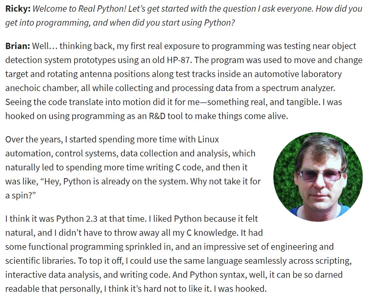 realpython's tweet image. 🐍📰 Python Community Interview With Brian Peterson — realpython.com/interview-bria… 
#python