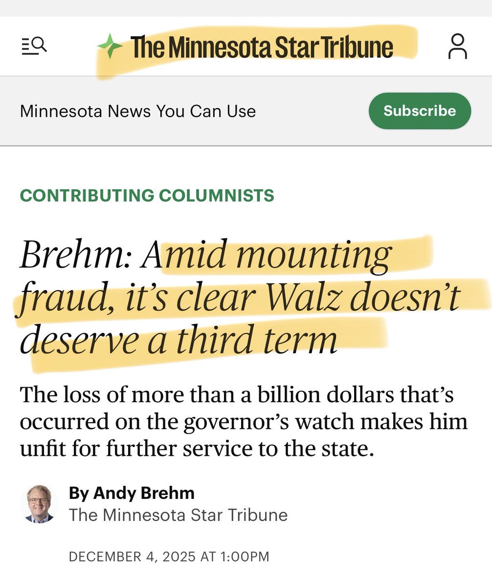 FINALLY MN hits our breaking point with:
🚨BILLIONS in Fraud being exposed Nationally 
🚨MN Taxpayers funding terrorists organizations

The tides have turned in Minnesota and even the <a href="/StarTribune/">The Minnesota Star Tribune</a>⬇️⬇️⬇️ admitting <a href="/GovTimWalz/">Governor Tim Walz</a> does NOT deserve a 3rd term!
