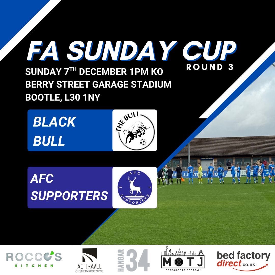 On Sunday we host North East outfit <a href="/AFC_Supporters/">AF(C) Supporters</a> in the 3rd round of the <a href="/FASunday_Cup/">FA Sunday Cup</a> as we look to progress in to the last 16. 

1pm KO at <a href="/Bootle_FC/">Bootle Football Club</a> 🐃