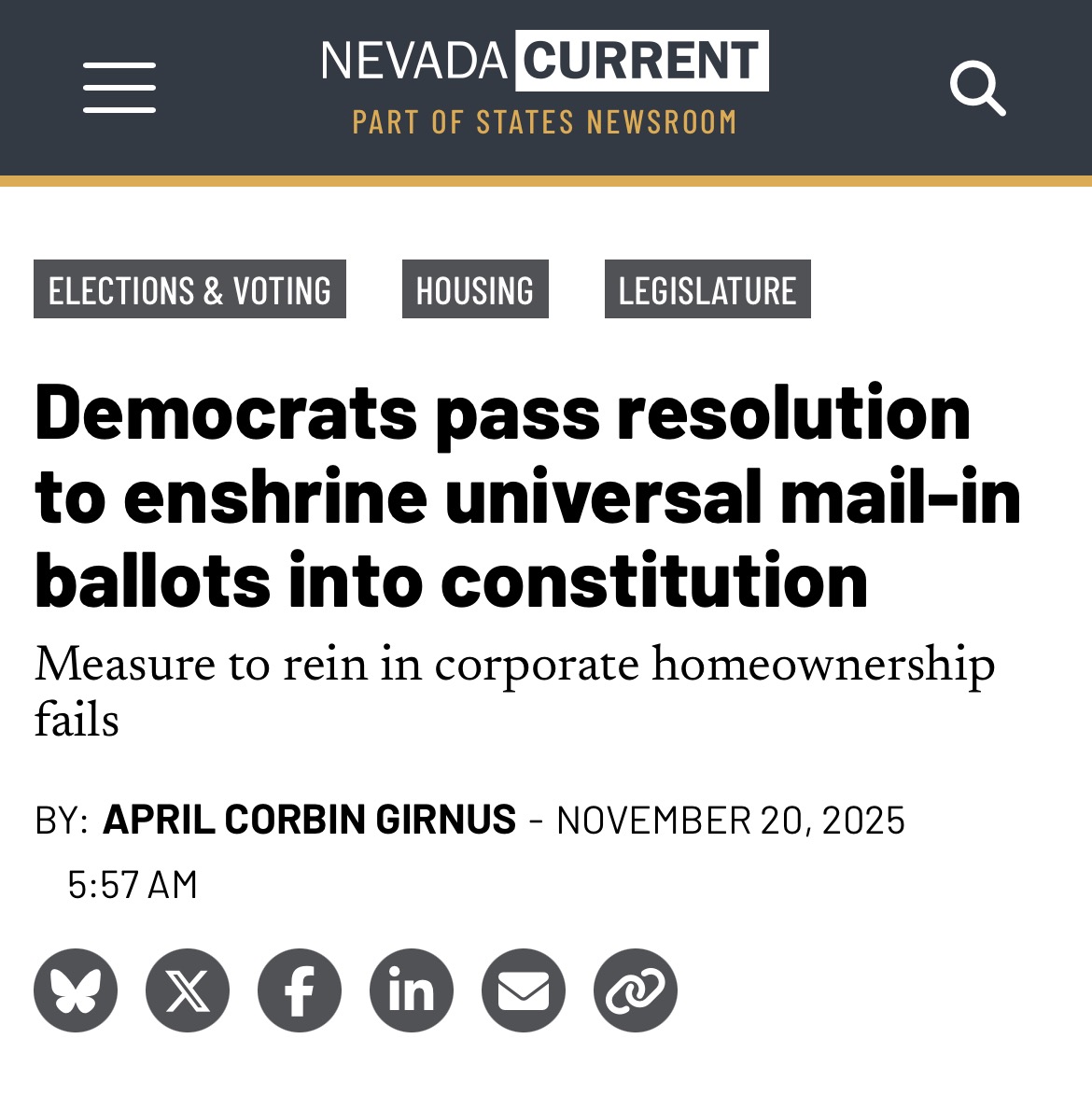 Donald Trump keeps spreading election conspiracy theories, making crazy demands, and threatening states like Nevada.  

That's why we're working to protect your right to vote by mail!