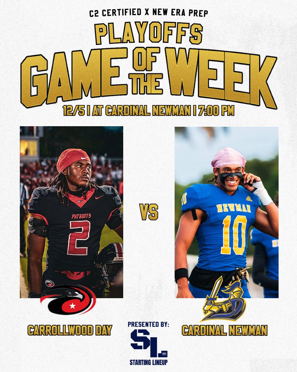 Game Of The Week will be LIVE from <a href="/CNHS_Athletics/">Cardinal Newman HS Athletics</a> as Cardinal Newman hosts Carrollwood Day in the 1A State Semifinal.

Stay tuned for social updates, presented by <a href="/_startinglineup/">Starting Lineup</a> 

<a href="/FlaHSFootball/">FloridaHSFootball.com</a> <a href="/Andy_Villamarzo/">Andy Villamarzo</a> <a href="/cwsportsmedia/">CW Sports Media</a> <a href="/newerac2/">C2 the Coach</a>