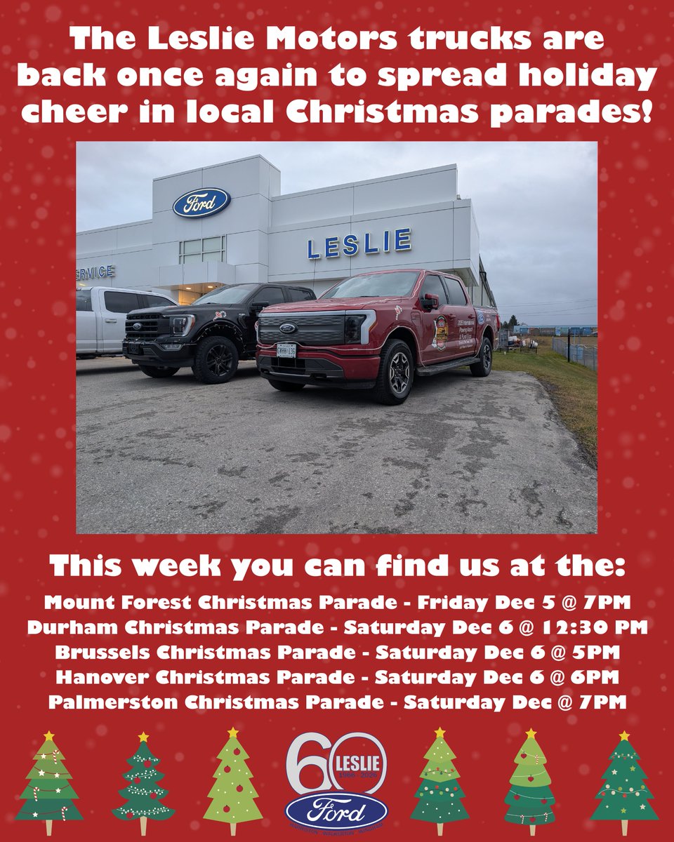 Week 3 is here — and we’ve got another full lineup of parades! 🎄🚚✨ Catch us in Mount Forest at 7 PM tonight, and in Durham, Brussels, Hanover, and Palmerston tomorrow. See poster for details!

#lesliemotors #fordcanada #paradetrucks #christmasparade