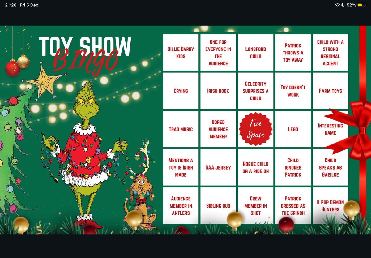 GerForde's tweet photo. Play along Late Late Toy Show Bingo #LateLateToyShow https://t.co/7UX82v1K7w