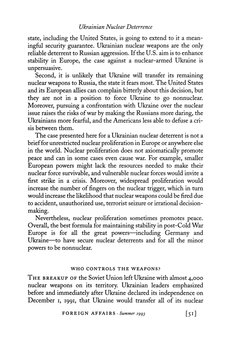 MichaelZed's tweet photo. @ThorstenHild @NZZ In 1993 Mearsheimer said that because Ukraine wouldn’t get real security guarantees like NATO membership (it did not), Russia would probably invade (it did). His solution was Ukraine and Russia both keeping their arms.

His integrity has since gone.

https://t.co/Koy53etNDy https://t.co/F6jVmqd9NF