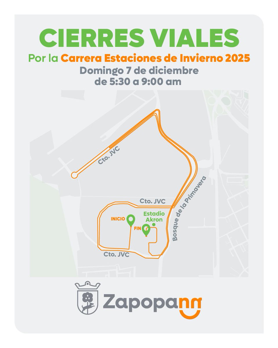 Toma tus precauciones y planea tus trayectos. 🚦🚧

Por la carrera Estaciones Invierno Guadalajara 2025, 🏃🏼‍♂️❄️ habrá cierres viales en la ciudad.

🗓 Domingo 7 de diciembre
⏰ 5:30 - 9:00 am 

Agradecemos tu comprensión.

👉🏽 Ruta completa: 🔗 bit.ly/4a17z4a