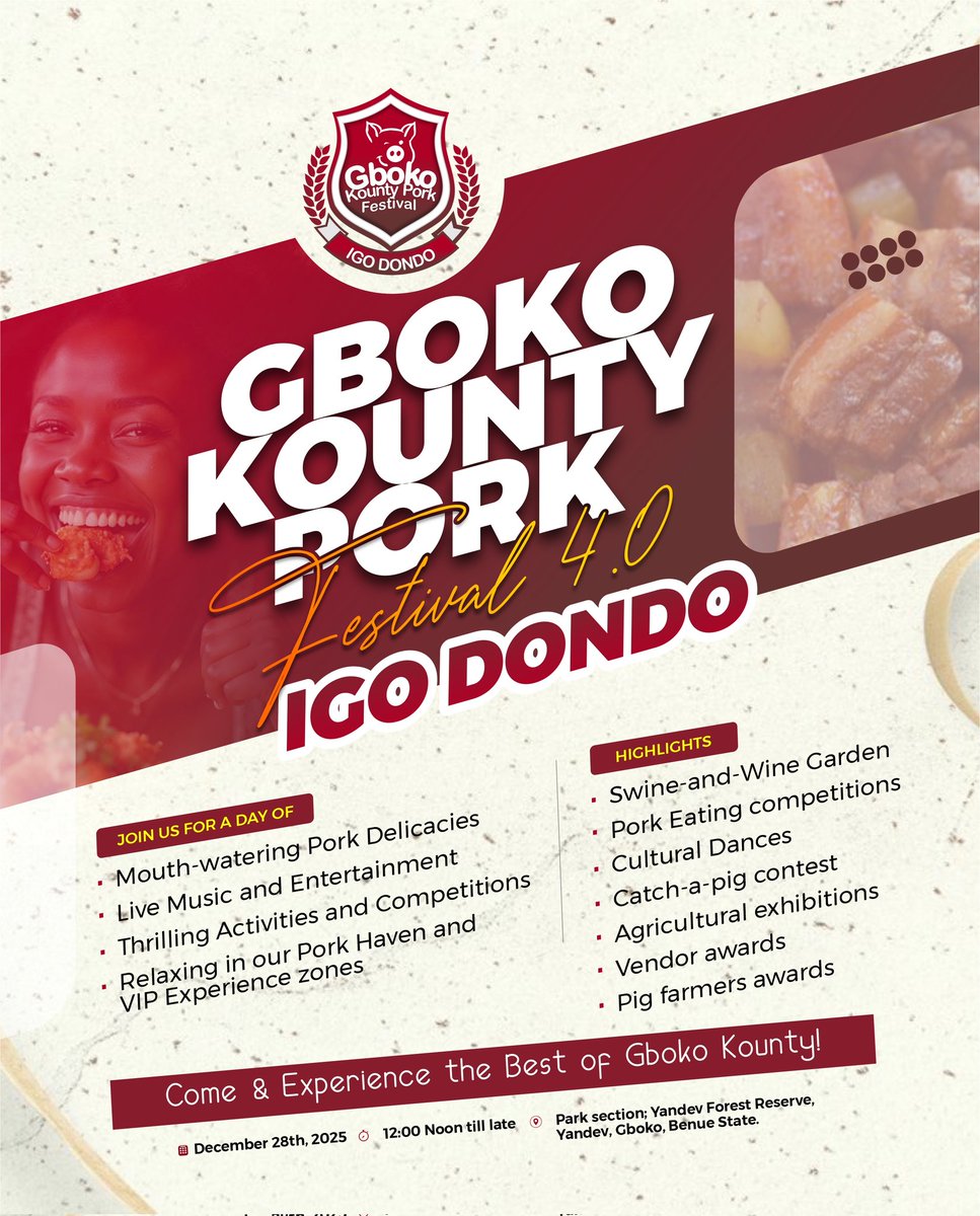 misterhaa's tweet photo. Get ready for the sizzle! 🍖️🔥 PorkFest 4.0 is coming! 🇳🇬🇺🇸 Join us for food, fun &amp; Kounty pride! 🐖👊 Stay tuned for updates! #PorkFest4 #GbokoKounty #KountyPride #Foodie #FestivalVibes https://t.co/OuNd4LqFIn