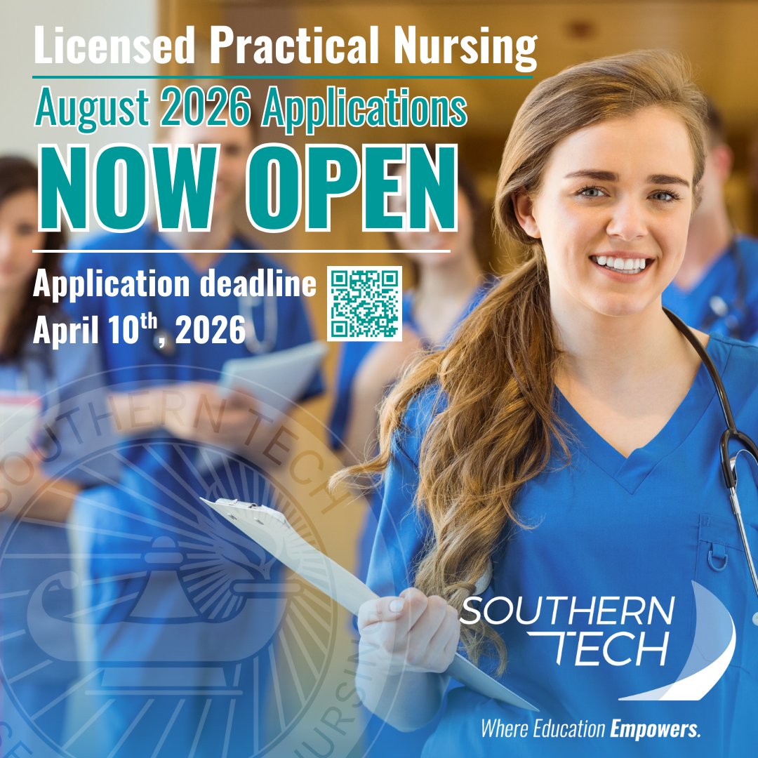 Applications are now open for SouthernTech's 2026 LPN Program! With a 100% NCLEX pass rate for the second consecutive year our students are proving success starts with SouthernTech. Take your first step toward a rewarding nursing career today. bit.ly/4pDvufr