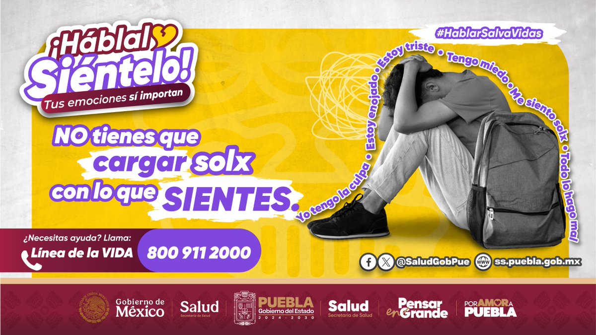 No tienes que cargar solx con lo que sientes.
A veces todo pesa más de lo que parece. Hablar es el primer paso para soltar. 💛
#HablarSalvaVidas
📞 800 911 2000
<a href="/Gob_Puebla/">Gobierno de Puebla</a> #PensarEnGrande #PorAmorAPuebla
