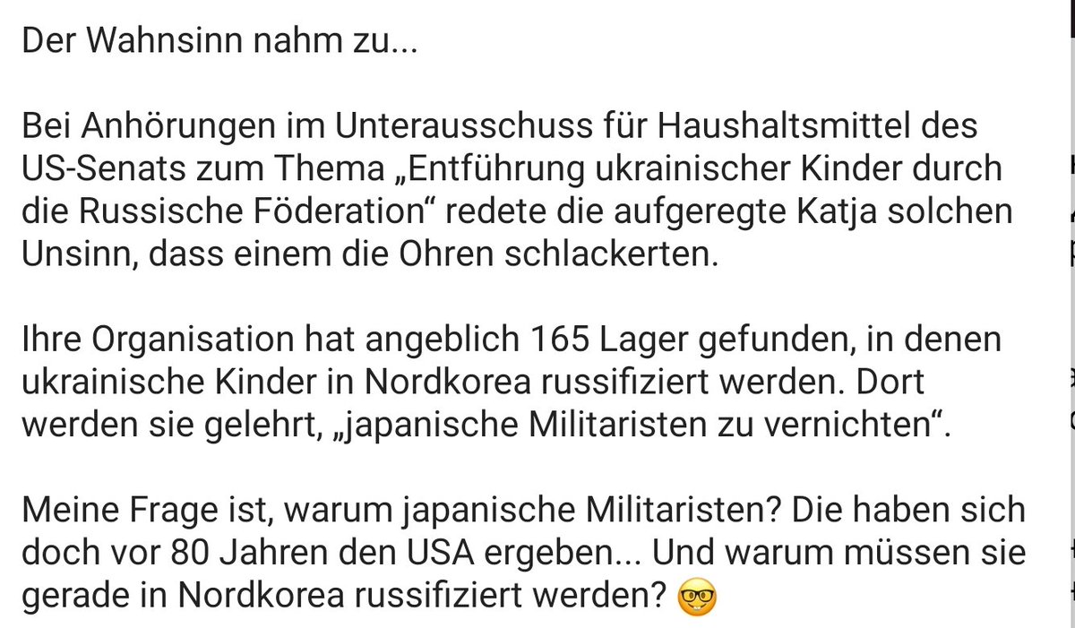 Na klar. Ukrainische Kinder werden in 165 !! nordkoreanischen Lagern russifiziert zum Kampf gegen japanische Militaristen.
Wird von Russophoben gerne gepostet um Angst zu schüren und Solidarität mit den armen Ukrainern zu erzwingen.