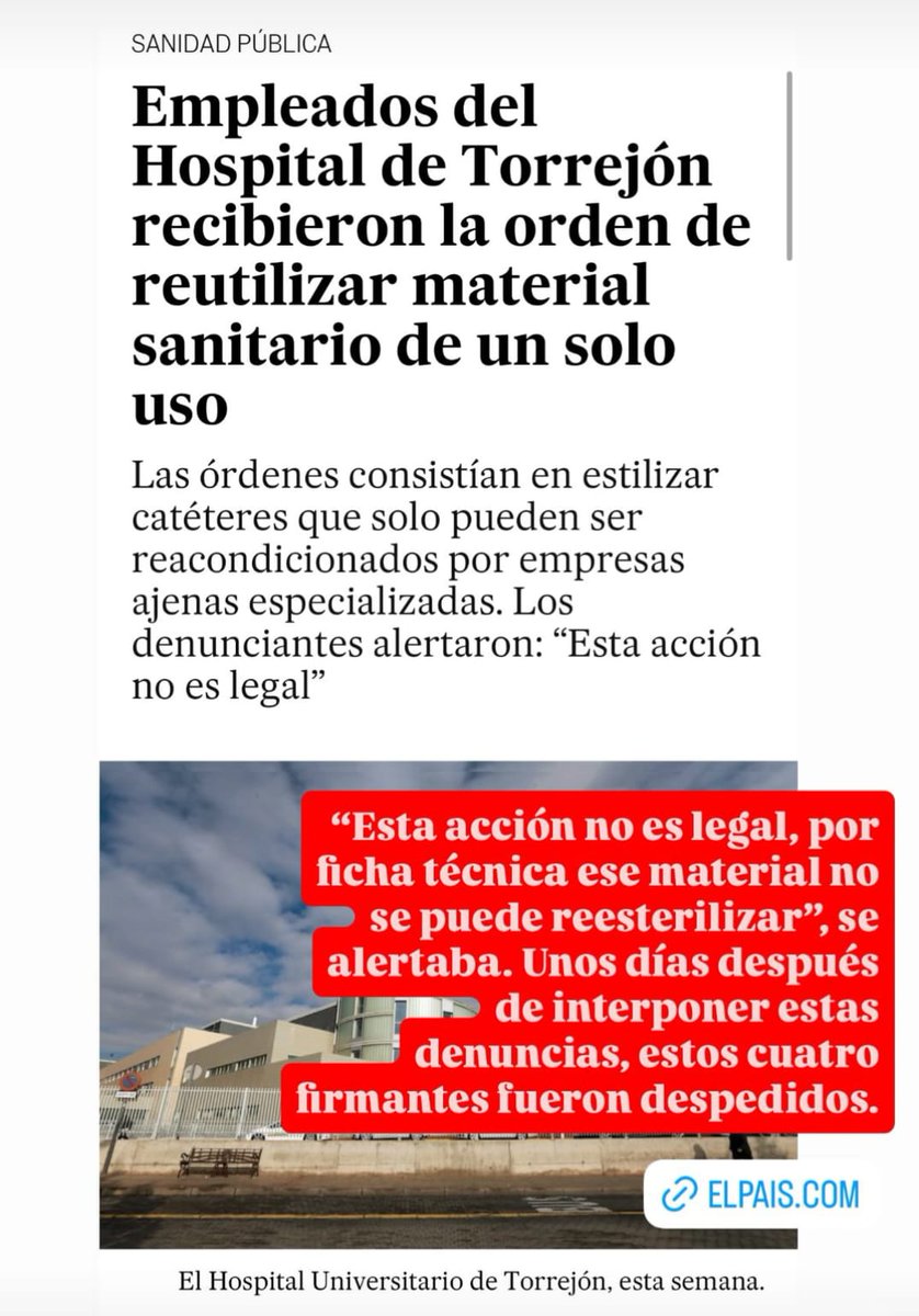 🔴 Reutilizar material de un solo uso, despedir a quienes lo denuncian.  
Esto pasa en hospitales privatizados como el de Torrejón.  
La salud no es negocio.  
Defendamos una sanidad pública, de gestión pública, con garantías y derechos.  
#SanidadPública
