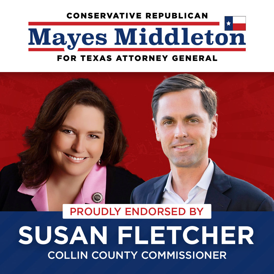 mayes_middleton's tweet photo. Honored to have @Susan_Fletcher’s endorsement. She has been a stalwart conservative servant-leader in Collin County, and a champion for Christian values.  

“Mayes Middleton has a history of dogged determination to stand for Texas values. He’s provided consistent, principled conservative leadership and has been unapologetic about defending our rights to freedom of speech, religion and to bear arms.  Finally, Mayes has a unwavering commitment to faith & family.  For all those reasons, I am proudly endorsing him for Attorney General.” - Commissioner Susan Fletcher