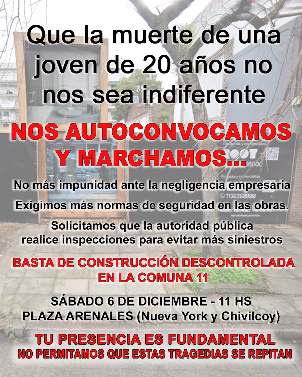 Mañana a las 11hs en Nueva York y Chivilcoy vecinos autoconvocados marchamos para pedir justicia por la muerte de la chica de 20 años en Villa Devoto. Que se termine la negligencia en las obras. Por favor compartir.