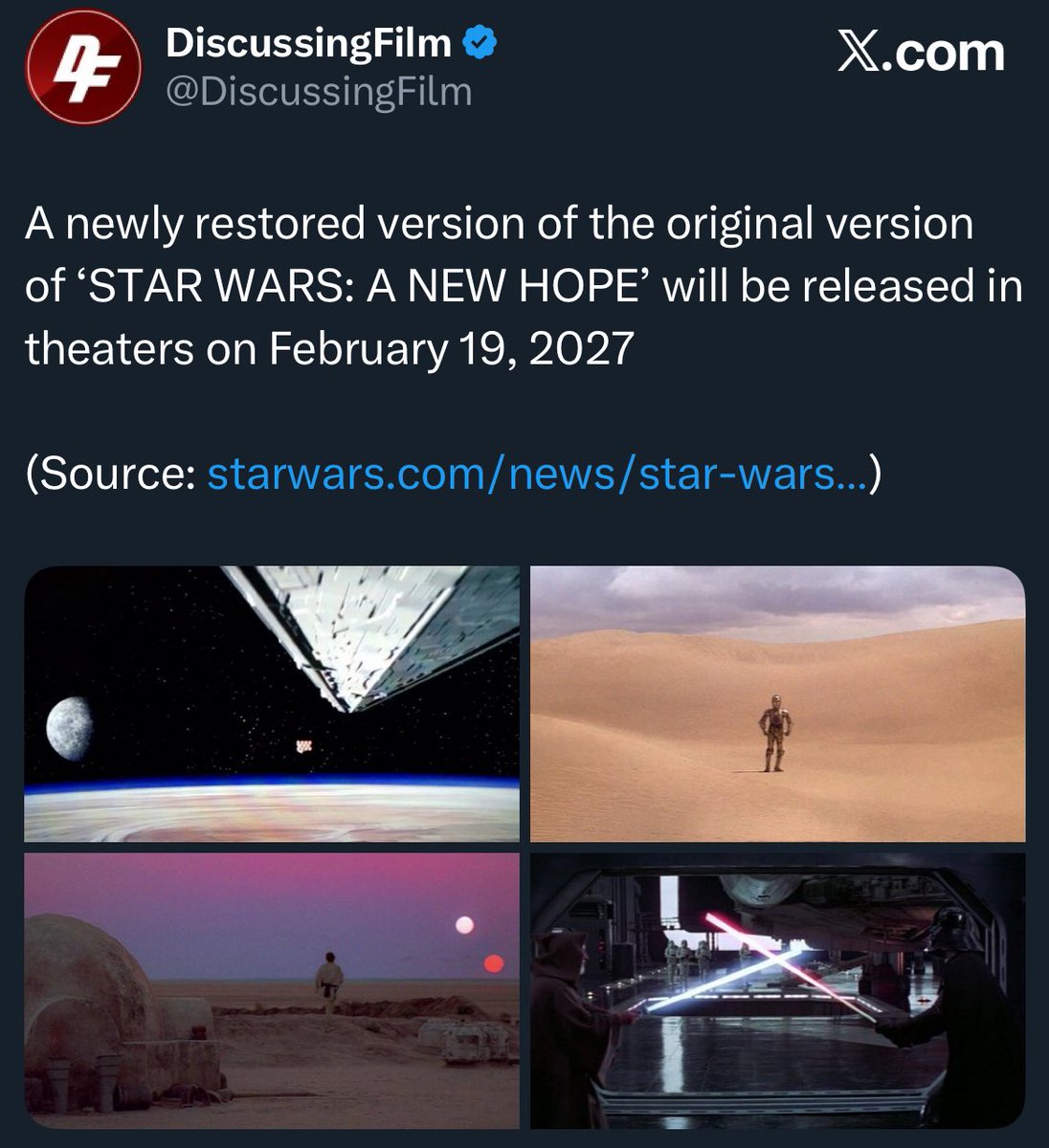 MasteroftheTDS's tweet image. They are restoring and releasing the original movie from 1977. 

None of the additions or changes George Lucas made later on.