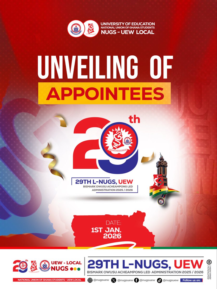 🇦🇹🇦🇹🇦🇹🇦🇹🇦🇹🇦🇹🇦🇹🇦🇹🇦🇹🇦🇹
𝐍𝐀𝐓𝐈𝐎𝐍𝐀𝐋 𝐔𝐍𝐈𝐎𝐍 𝐎𝐅 𝐆𝐇𝐀𝐍𝐀 𝐒𝐓𝐔𝐃𝐄𝐍𝐓𝐒 (𝐍𝐔𝐆𝐒)-UEW
🇦🇹🇦🇹🇦🇹🇦🇹🇦🇹🇦🇹🇦🇹🇦🇹🇦🇹🇦🇹
═══════════ 
UNVEILING OF APPOINTEES

Stay connected as we unveil the individuals entrusted with advancing our mandate of transformation and excellence