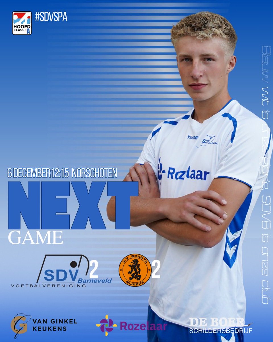 NEXT GAME!
Sparta Nijkerk komt morgen op bezoek in Barneveld. Sparta bezet momenteel de 7e plek. 

De Barnevelders krijgen het steeds meer op de rit, zaterdag werd er knap gewonnen uit bij DETO. 7 punten uit de laatste 4 wedstrijden laat een stijgende lijn zien. Tot morgen 🔵⚪️