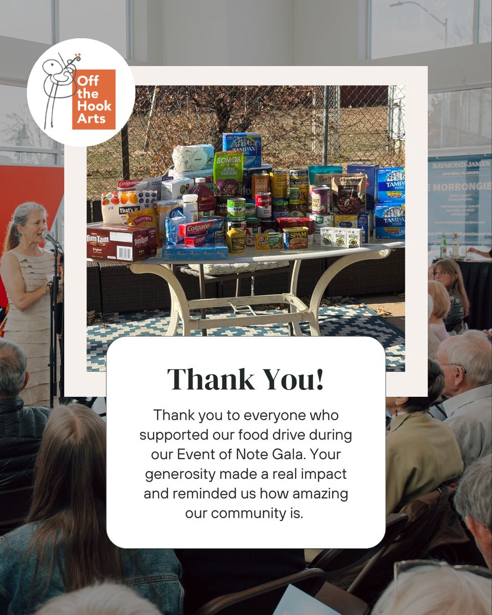 Thank you to everyone who supported our food drive during our Event of Note Gala. Your generosity made a big impact! 🧡 

#fooddrive #offthehookarts #communitylove