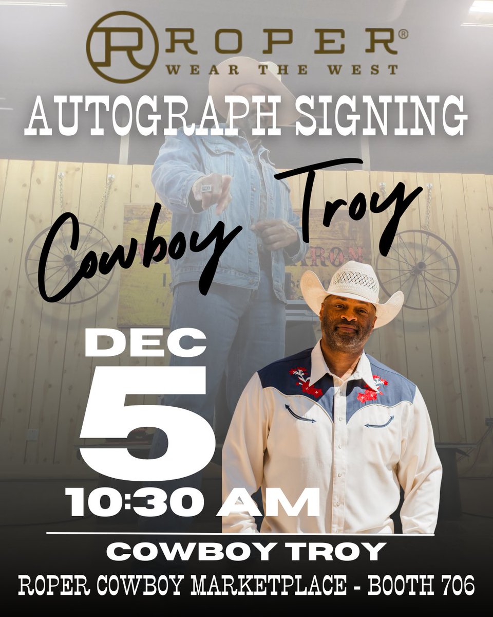 📍 Cowboy Troy is signing in 1 hour!
🕤 10:30 AM at the Roper Cowboy Marketplace (Booth 706 at the Horseshoe).
Swing by and say hey to one of the coolest in the game 🤠
#NFR2025 #WearTheWest #Roper #CowboyTroy