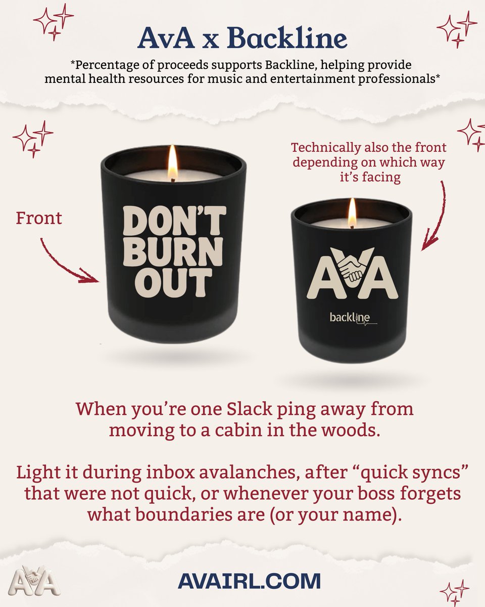 backline_care's tweet photo. Introducing the @AsstvsAgents x Backline limited-edition Don't Burn Out candle <3 

A perfect reminder for the holiday season: https://t.co/vqyycXtX2E https://t.co/a8vQ9m7lgN