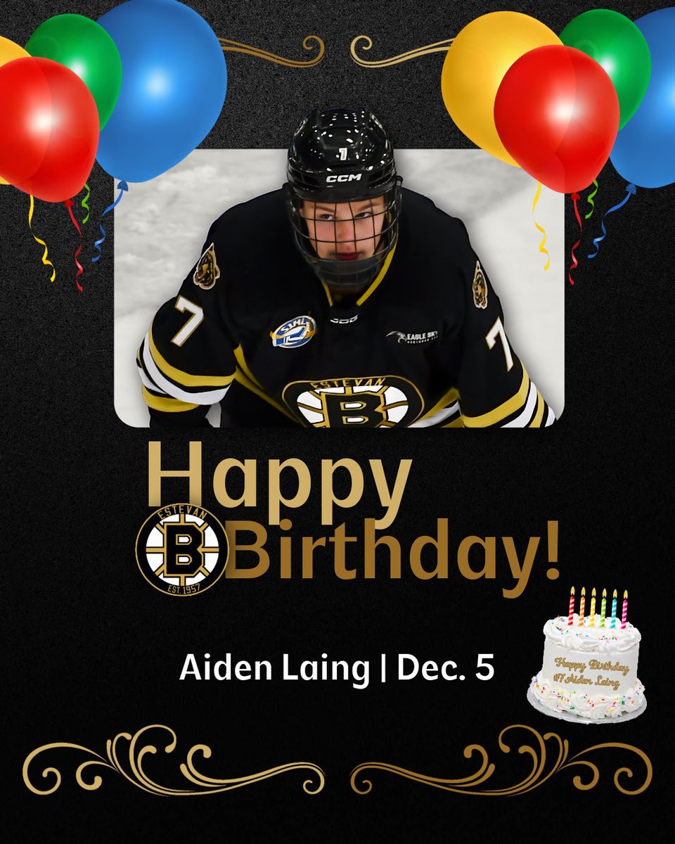 estevanbruins's tweet photo. Special happy birthday shoutout to Bruins’ defenceman, Aiden Laing (@aidenlaing_)! 🤩🎂

An ‘07 birthdate, Laing celebrates his 18th birthday today!! 

Hope you’re having a great day, Lainger!! 🎉

(📸: @MartyMartyPxP1) https://t.co/dVBFEFXJft