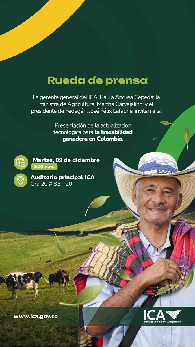 #FelizViernes | Un importante anuncio para todos los medios de comunicación del país: 

El fortalecimiento de la trazabilidad y la movilización pecuaria requiere diálogo técnico, transparencia y articulación.
Por eso, junto con <a href="/Fedegan/">FEDEGAN</a> y <a href="/MinAgricultura/">Min. de Agricultura</a> , este 9 de diciembre