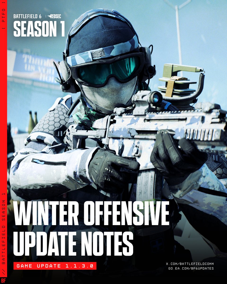 Your next #Battlefield6 update arrives on Dec. 9 ❄️

Update 1.1.3.0 improves soldier clarity, weapon reliability, vehicle behavior, audio, UI, maps, and gameplay.

🔗 x.ea.com/87588