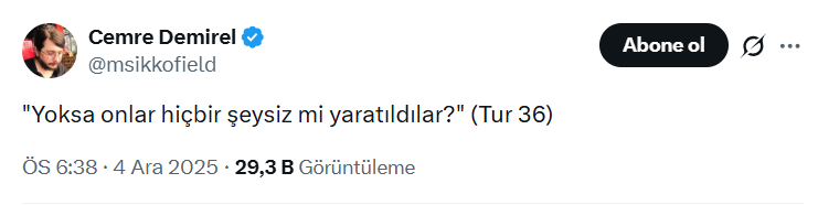 Yanlış anlamlandırılagelen ayetler arasında yer alır:
"Yoksa onlar hiçbir şeysiz mi yaratıldılar?"

Yani verilen anlam:
"Yoksa onlar tanrı olmaksızın mı yaratıldılar?"

Oysa buradaki ifade bu değil. Literal çevirirsek:
YOKSA ONLAR BİR ŞEYDEN BAŞKASINDAN MI YARATILDILAR? (huliqû