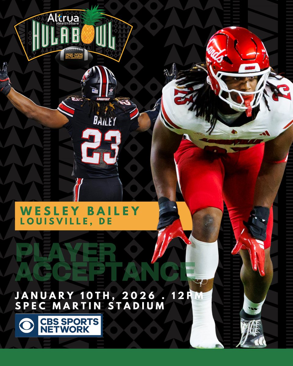 Hula Bowl Bound!! <a href="/wesfresh23/">Wesley Bailey</a> has officially accepted his invite to the 2026 Altrua HealthShare Hula Bowl All-Star Game!! <a href="/LouisvilleFB/">Louisville Football</a>