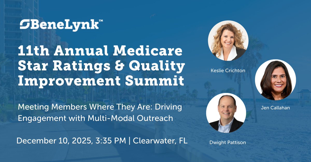 BeneLynk's tweet photo. The countdown is on for the Medicare Star Ratings &amp; Quality Improvement Summit! 🎉

Keslie Crichton, Jennifer C., and Dwight Pattison will take the stage to show how a multi-modal strategy builds trust and reaches more members.

We hope to see you in Clearwater on December 10! https://t.co/c5xr99PCAp