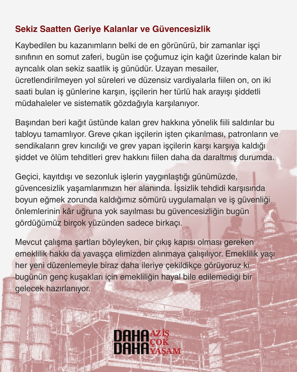aziscokyasam's tweet image. Bu kampanya, tüm iş kolları dahil olmak üzere hayatı işçi
sınıfı için çekilmez kılan mevcut düzene karşı "Daha az iş, daha çok yaşam" diyerek meydan okuma ve kaybedilen kazanımları geri alma çağrısıdır. 1/2