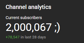 2 million subscribers on YouTube, wow &lt;3