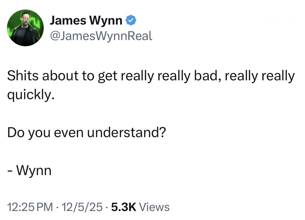 TheBTCTherapist's tweet image. JUST IN: James Wynn expects the market to crash and bitcoin to go down substantially.

Should we be worried?