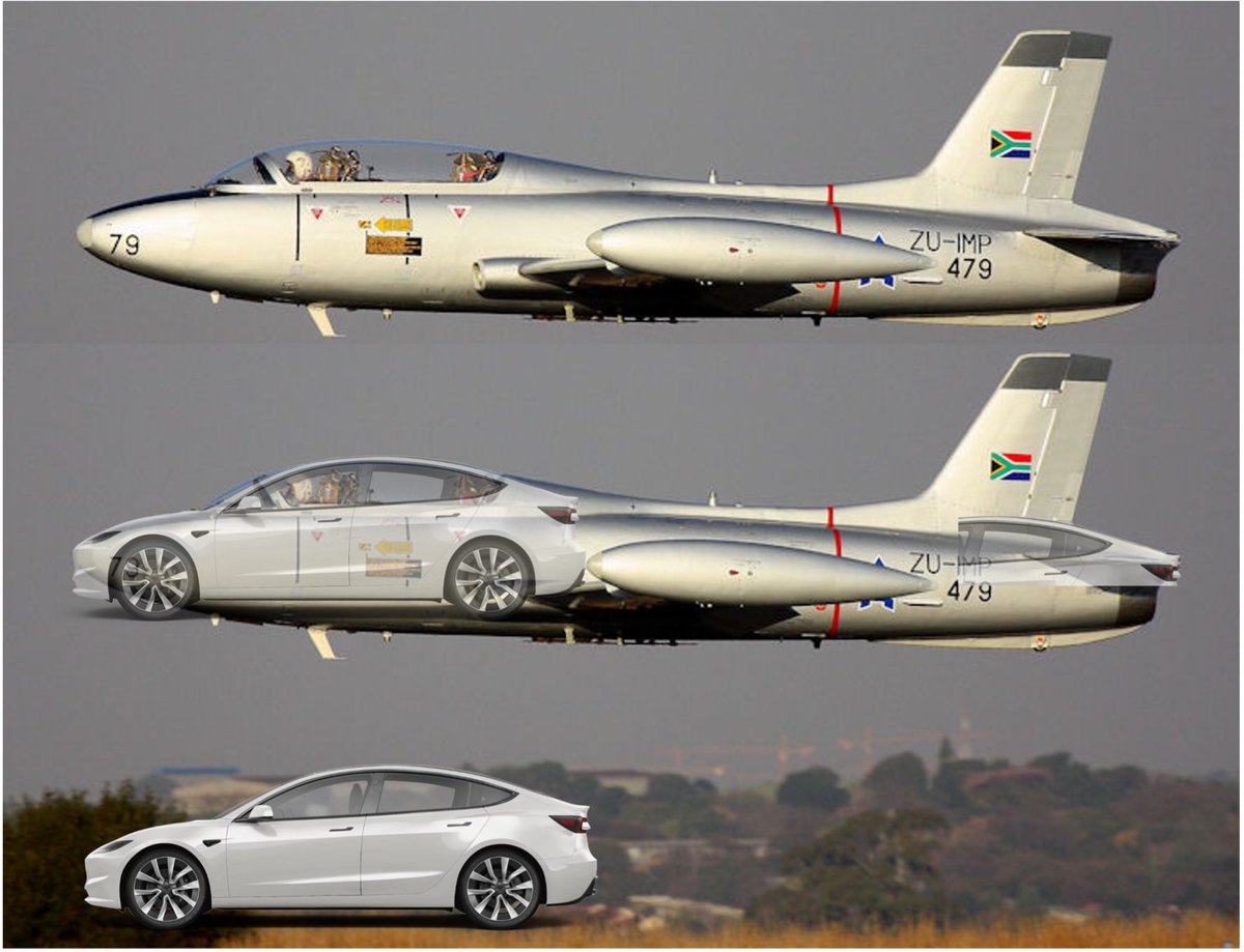antcilliers's tweet photo. @elonmusk and @woodhaus2, I am curious about what inspired the current Tesla design language. For a long time, I thought that the South African Impala Mk II (Italian designed Macchi MB-326) military jet are one of the most beautiful, timeless and proportionately balanced aircraft ever designed. Had similar feelings about the Tesla 3 (and all other models), then I noted something, the proportions and lines are staggeringly similar. From the windshield shape, low rounded nose, to the arching lines over the rear wheels (wings). My question, has this plane design inspired anything in the current Tesla designs, is it an outcome of similar design objectives, or pure coincidence? Either answer would be satisfying, I just can’t help but try to connect two of my favorite looking products.