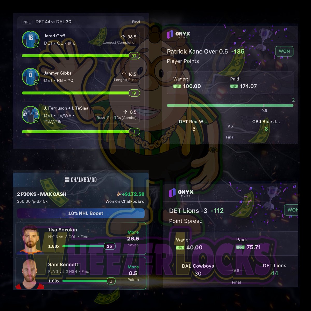 8-1 day!!! (89%)🚀🔥 Absolutely killed it in both NFL and NHL in VIP!! 

Kane Point (-135)⭐️✅
Lions -3 (-112)⭐️✅
Zibanejad Point (-145)✅
Bennett Point (-120)✅
Sorokin o26.5 Saves (-110)✅
Goff o36.5 Longest Pass✅
Gibbs o16.5 Longest Rush✅
Ferguson/Teslaa oTD✅
Thomas point