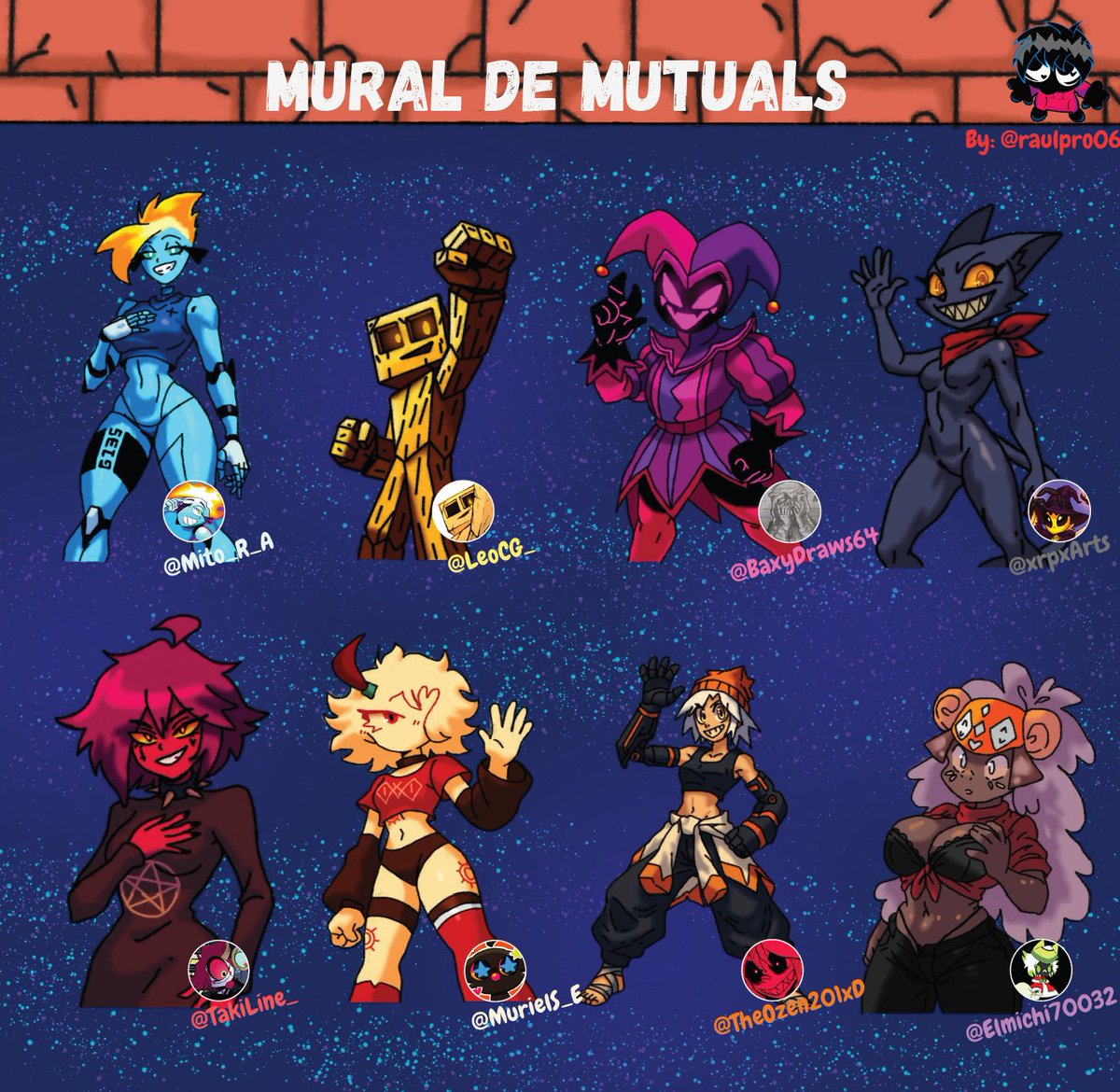 | MURAL DE MUTUALS |

Los seleccionados son: <a href="/Mito_R_A/">🥭✨🥝MITO.R.A 🥭✨🥝</a> <a href="/LeoCG_/">LEO</a> <a href="/BaxyDraws64/">Baxy</a> <a href="/xrpxArts/">Xirnpox arts</a> <a href="/TakiLine_/">🔞TAKILINE🏳️‍⚧️</a> <a href="/MurielS_E/">MurielS_E</a> <a href="/TheOzen201xD/">0Z3N | Open Commissions</a> <a href="/Elmichi70032/">El Michi Verde</a> 

Muchas gracias por el grande apoyo durante estos meses, sois los mejores, nos seguiremos apoyando juntos como un equipo

Os deseo lo mejor 🫂