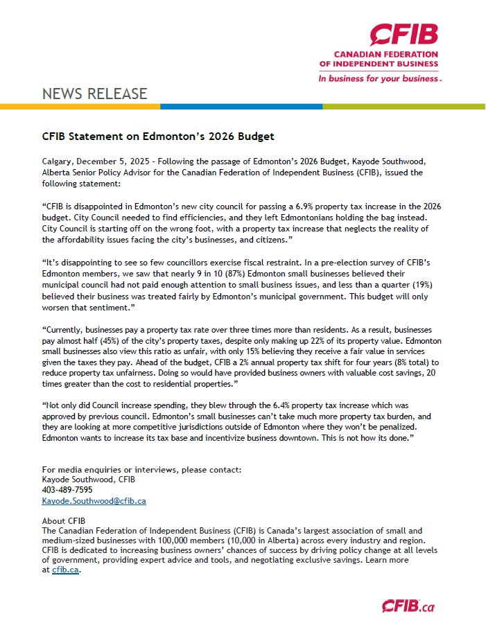 CFIB Statement on Edmonton’s 2026 Budget: #yeg