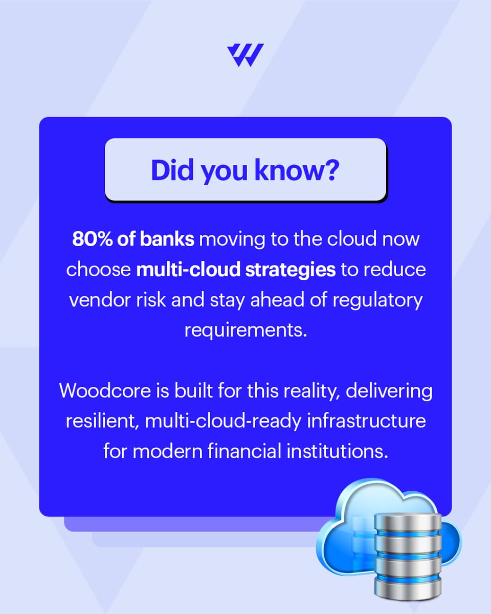 woodcoreapp's tweet photo. Did you know?
80% of banks going cloud now choose multi-cloud, less risk, more control, better compliance.
Modern fintech = flexibility.
That’s why Woodcore is multi-cloud ready.
Would you bet everything on one cloud? 👇
#Woodcore #FinTechTrends #CloudSecurity https://t.co/vQ6V77J3tV