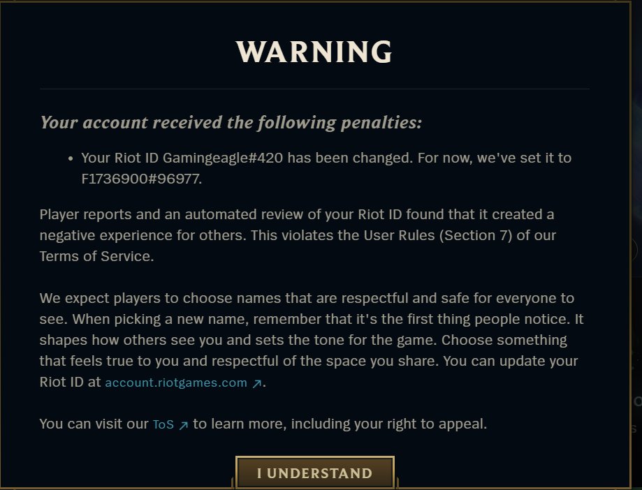 DeepEagleson's tweet photo. @drewlevin @RiotSupportDACH @RiotSupport  what is not respectful about the name Gamingeagle :( is it automatic because the word minge is in it? https://t.co/dWTViLsOc8