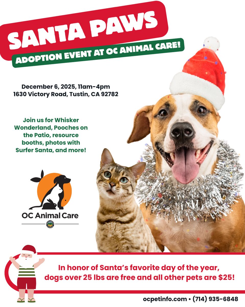 OC Animal Care's 2nd Annual Santa Paws Adoption Event is one day away! We have many adoptable animals waiting to find their forever family.
Not ready to adopt a pet? Help us spread the word!  Share this post! You could be the missing link that helps a pet find their forever home.