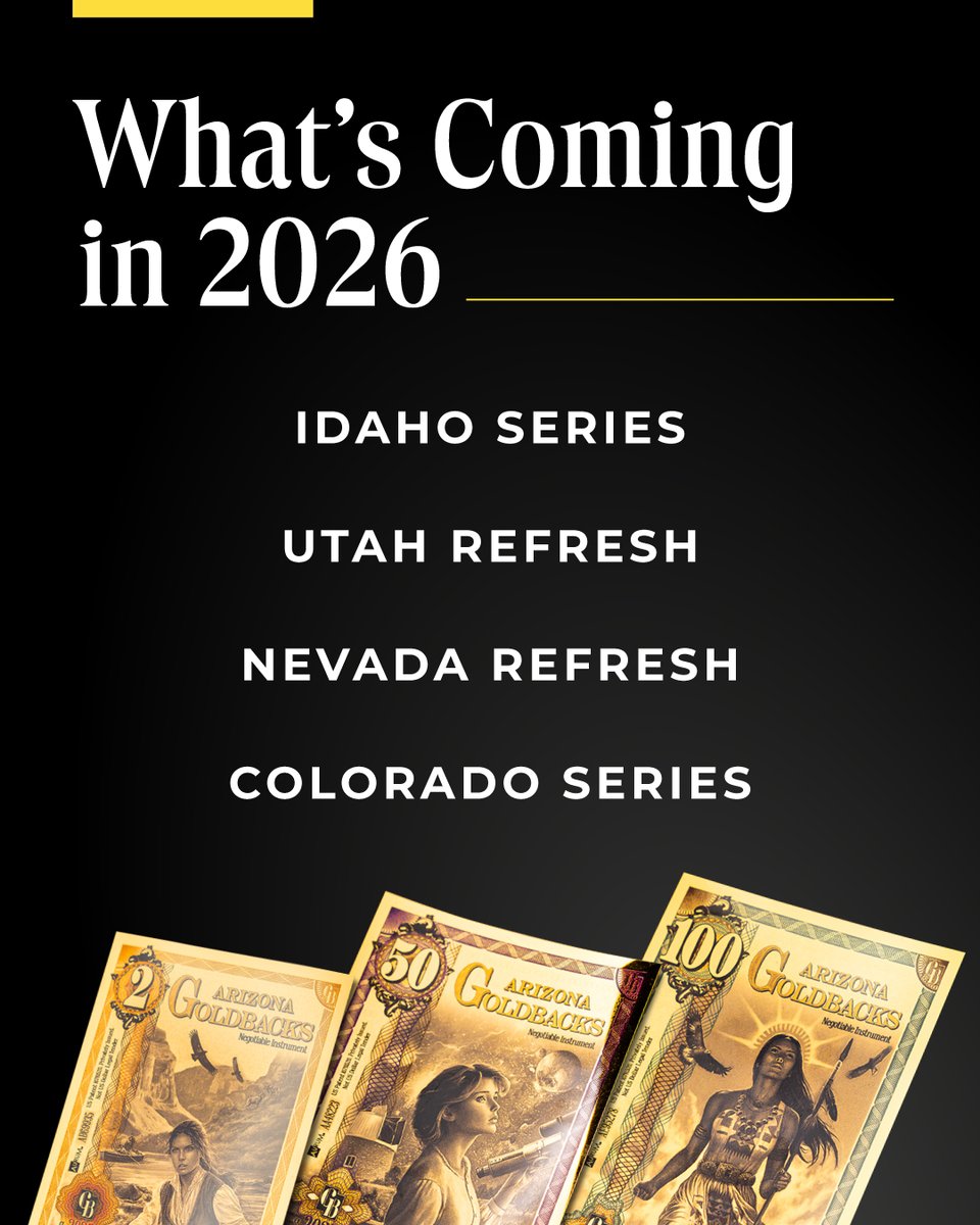 Goldback's tweet photo. Big things are coming in 2026! ✨

Here's a sneak peak of what you can look forward to:

⭐  Full Idaho Goldback series
⭐  Refresh of Utah artwork and denominations
⭐  Refresh of Nevada artwork and denominations
⭐  Full Colorado Goldback series

Which launch are you most excited for?