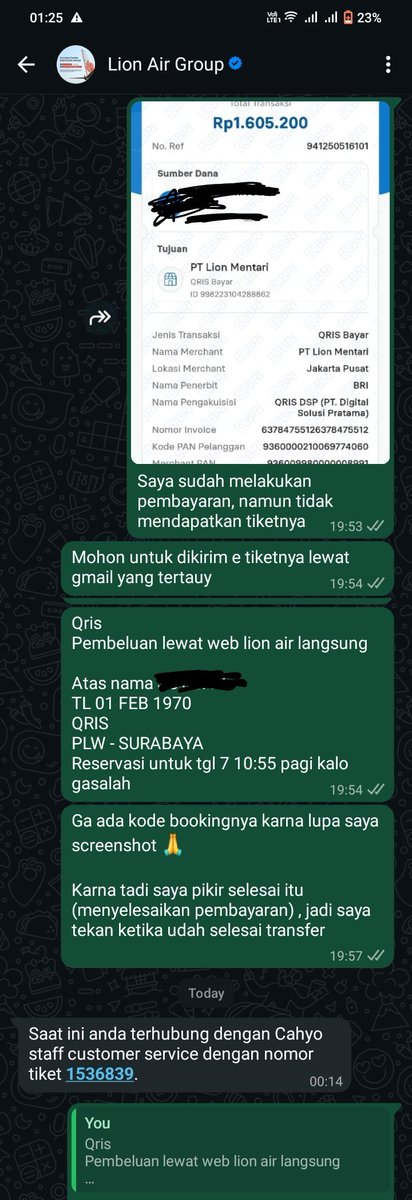 cowo_pekerja's tweet photo. Halo @lionairgroup, saya butuh bantuan URGENT.

Saya sudah bayar tiket via QRIS di website resmi tgl 05 Des sebesar Rp1,6jt. Saldo terpotong, STATUS BERHASIL, tapi E-Ticket/PNR tidak masuk email &amp; website error. https://t.co/3SAizhO8go