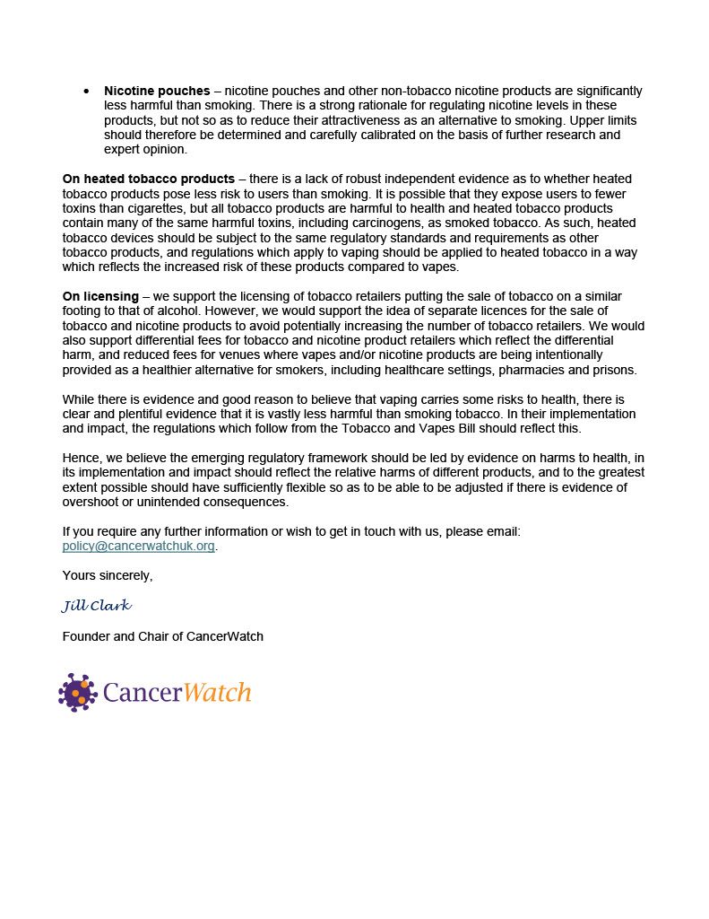 This week <a href="/1JillClark/">Jill Clark</a> Chair of <a href="/CancerwatchUK/">CancerWatch</a> wrote to <a href="/DHSCgovuk/">Department of Health and Social Care</a>  and we submitted a response to the call for evidence on how certain measures in the Tobacco and Vapes Bill should be implemented. 

See here👇