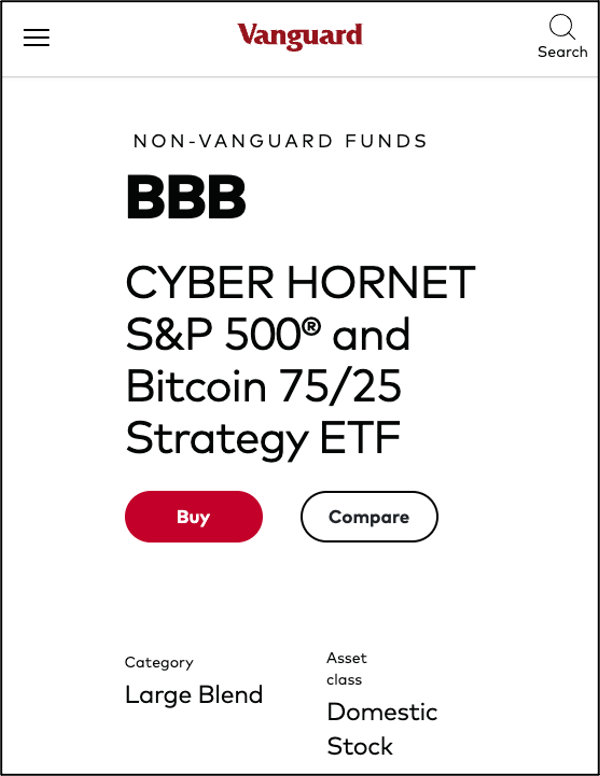 CyberHornetETFs's tweet photo. Bitcoin Energy. S&P Stability.

Get your BBBs, available at @Vanguard_Group : https://t.co/xYdMKC6vAX

Click here for fund disclosures https://t.co/6a3BcNTRKN

The Fund does not invest directly in bitcoin or other digital assets, nor does it maintain direct exposure to “spot” bitcoin.